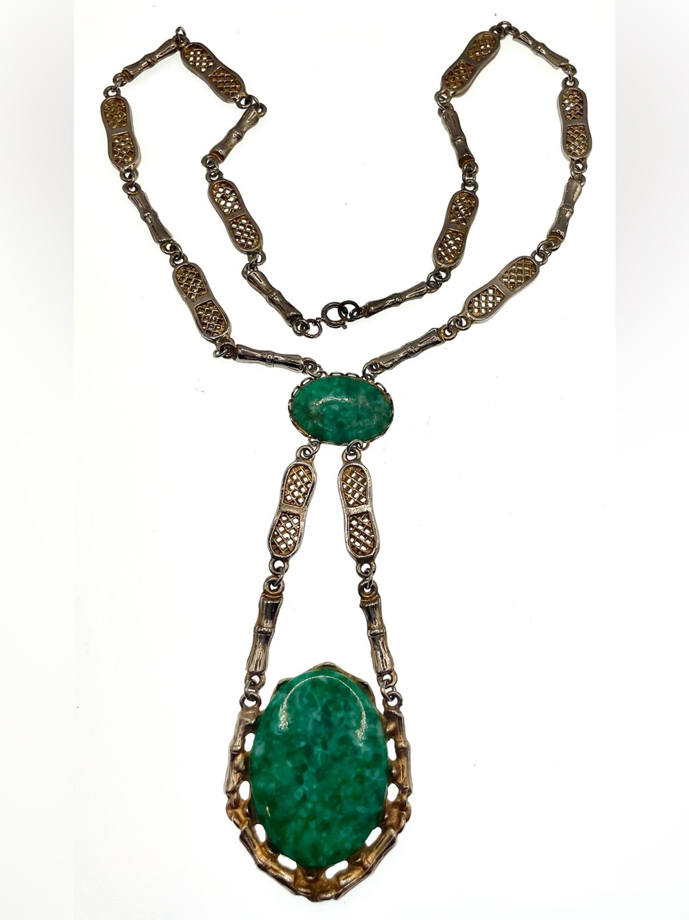 Vintage 1970s Green Marbled Glass Cabochon Statement Necklace 22” Long Pendant